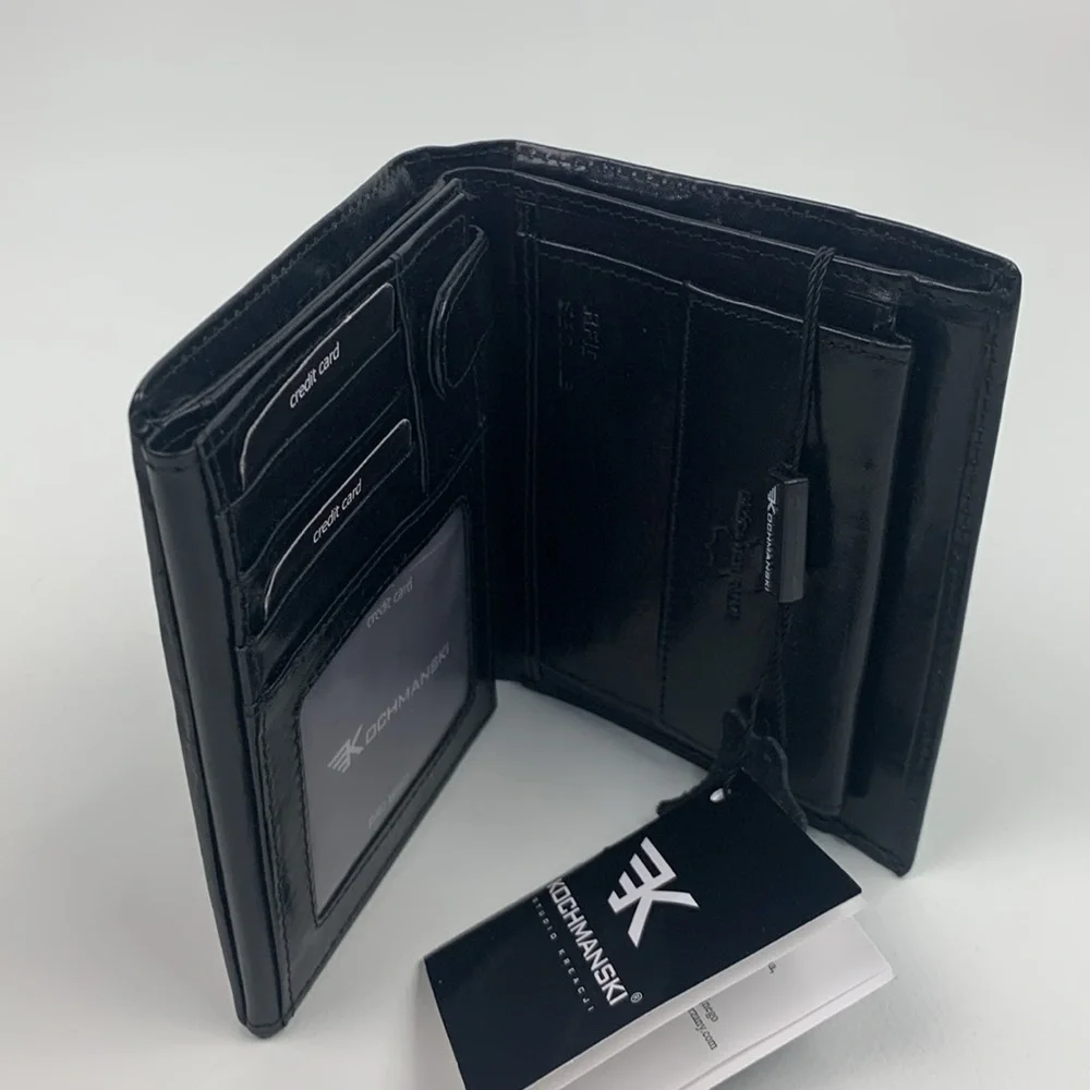 Kochmanski Black Leather Mens Trifold Wallet RFID secure ID Pockets New NWT